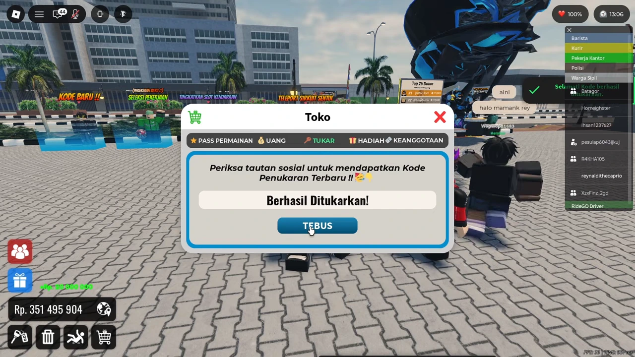 Tukar code panel with a green successful-redemption message and a twenty-million reward