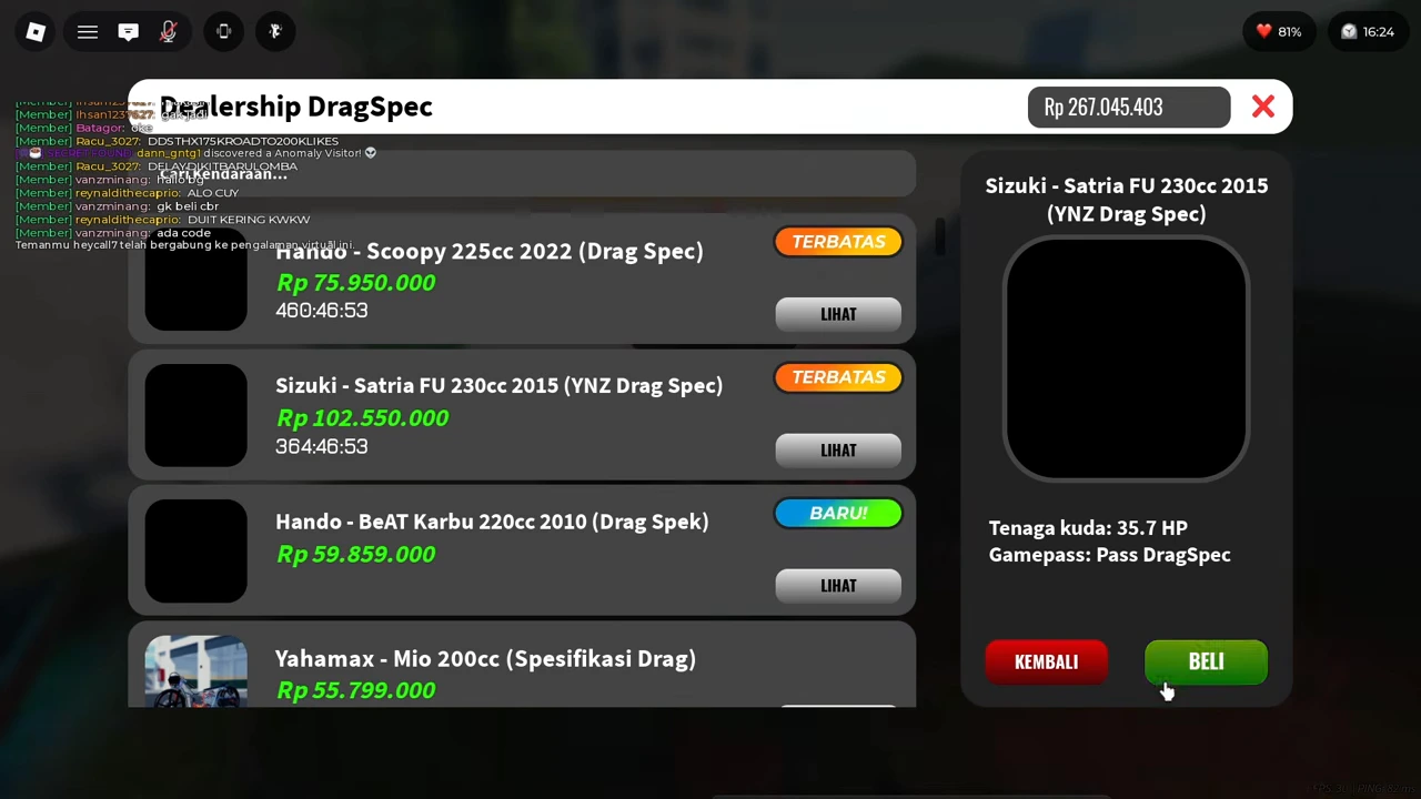 Drag-spec vehicle dealer showing Sizuki Satria FU 230cc selection, price, horsepower and pass field