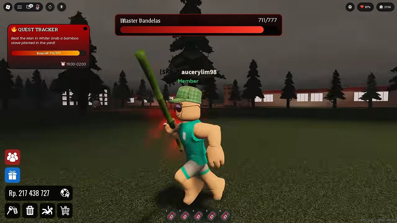 Avatar holding bamboo while the tracker directs the player to grab a bamboo stave in the yard