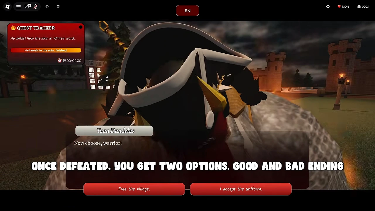 Yielded boss dialogue offers Free the village and I accept the uniform