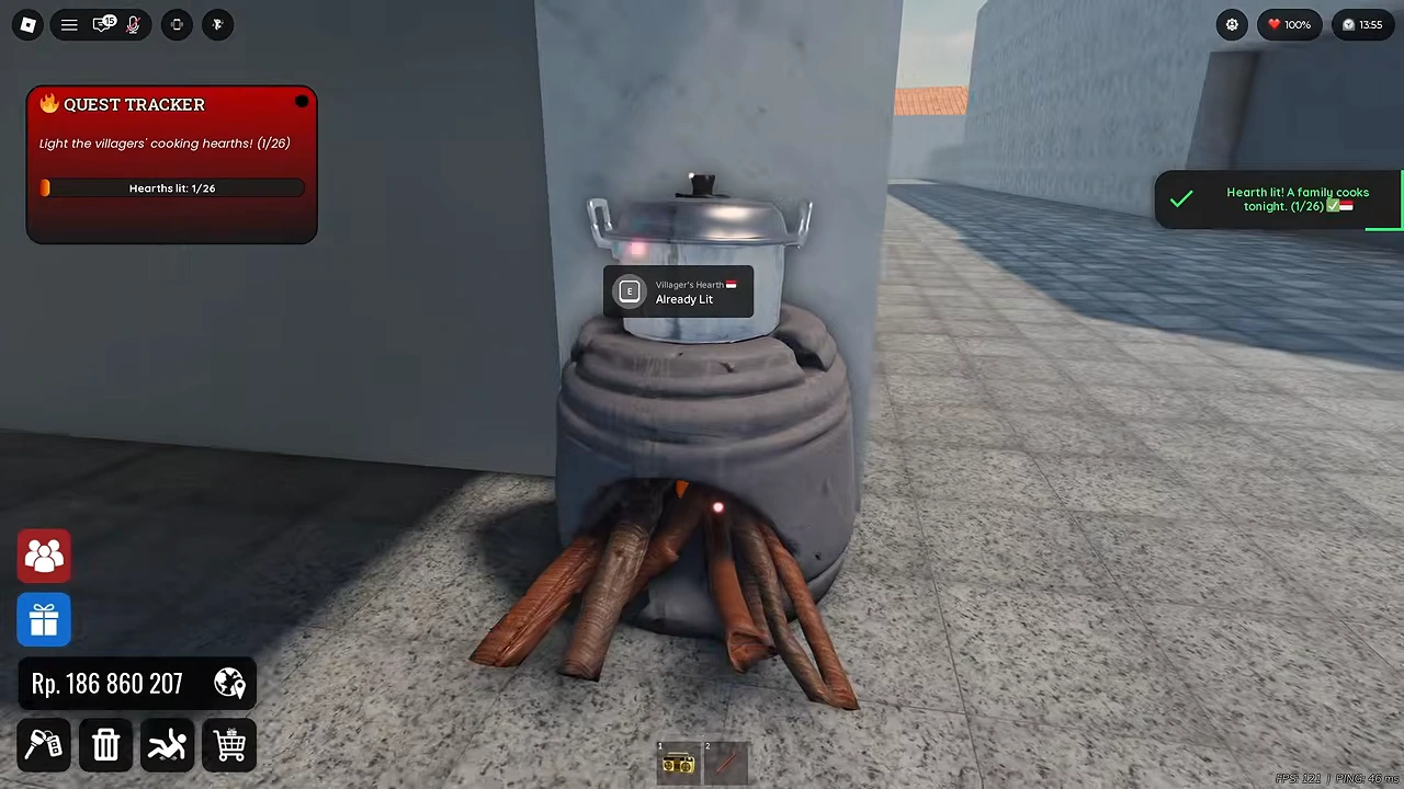 First cooking hearth marked Already Lit with progress 1/26