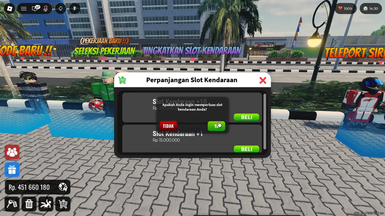 Vehicle-slot expansion confirmation over the +10 and +1 options, with wallet Rp451,660,180