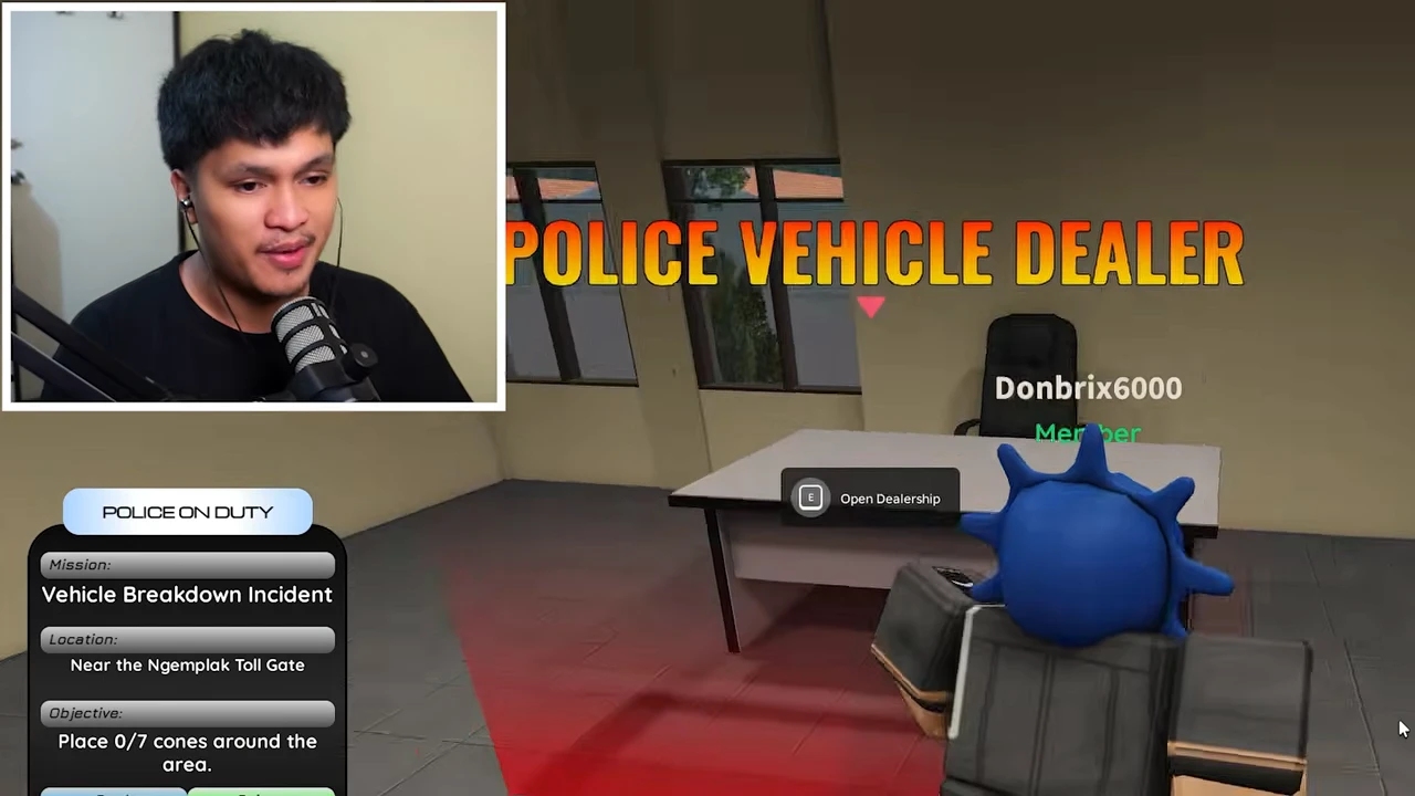POLICE VEHICLE DEALER counter with E Open Dealership prompt and active duty panel