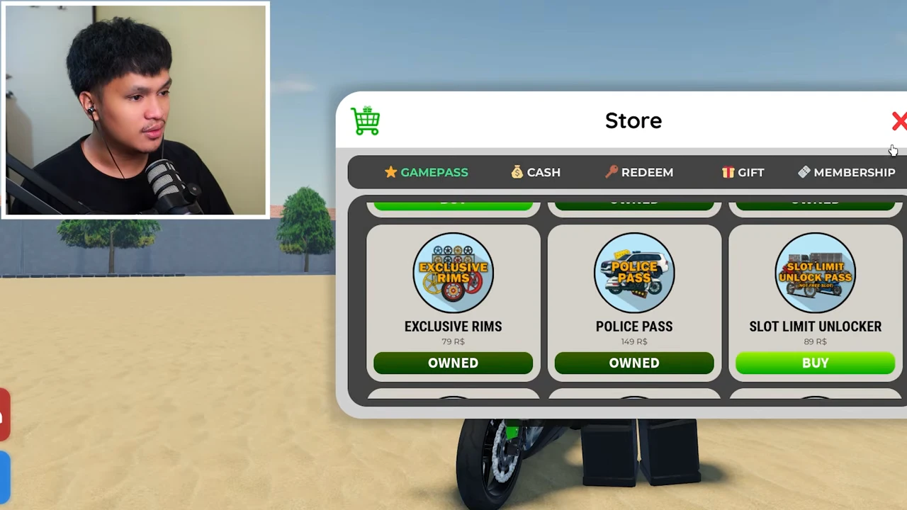 Store GAMEPASS panel with POLICE PASS marked OWNED