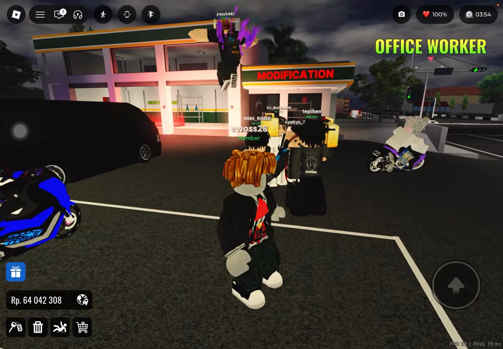 Players and parked motorcycles outside the MODIFICATION building with OFFICE WORKER marker nearby