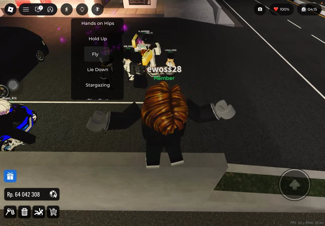 Pose menu with Fly highlighted and the avatar holding its arms out