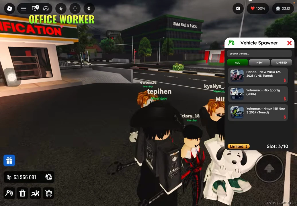 Vehicle Spawner showing three owned entries, ALL NEW LIMITED filters and Slot 3/10
